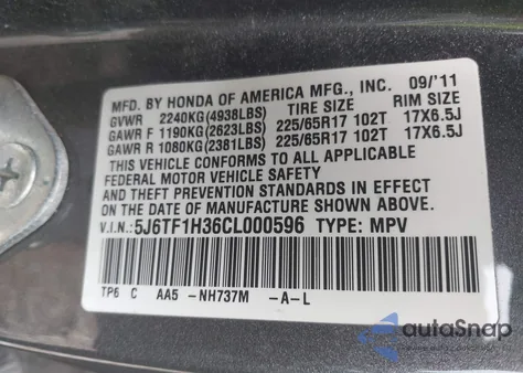 2012 Honda Crosstour Ex from USA, damaged, VIN 5J6TF1H36CL000596